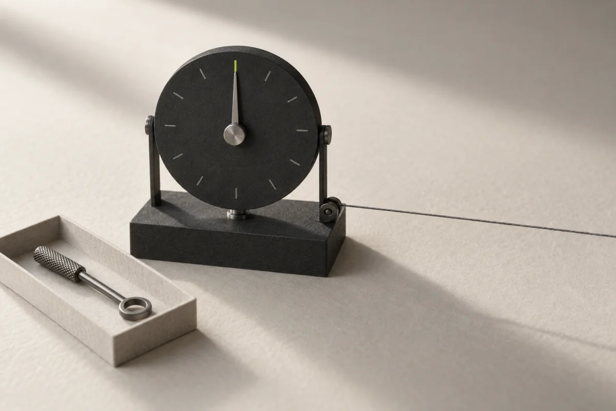 A black dial with a grey needle on a small base, an adjusting key resting in a paper tray beside it, a thread running from the base out of frame; one lime tick mark under the needle.