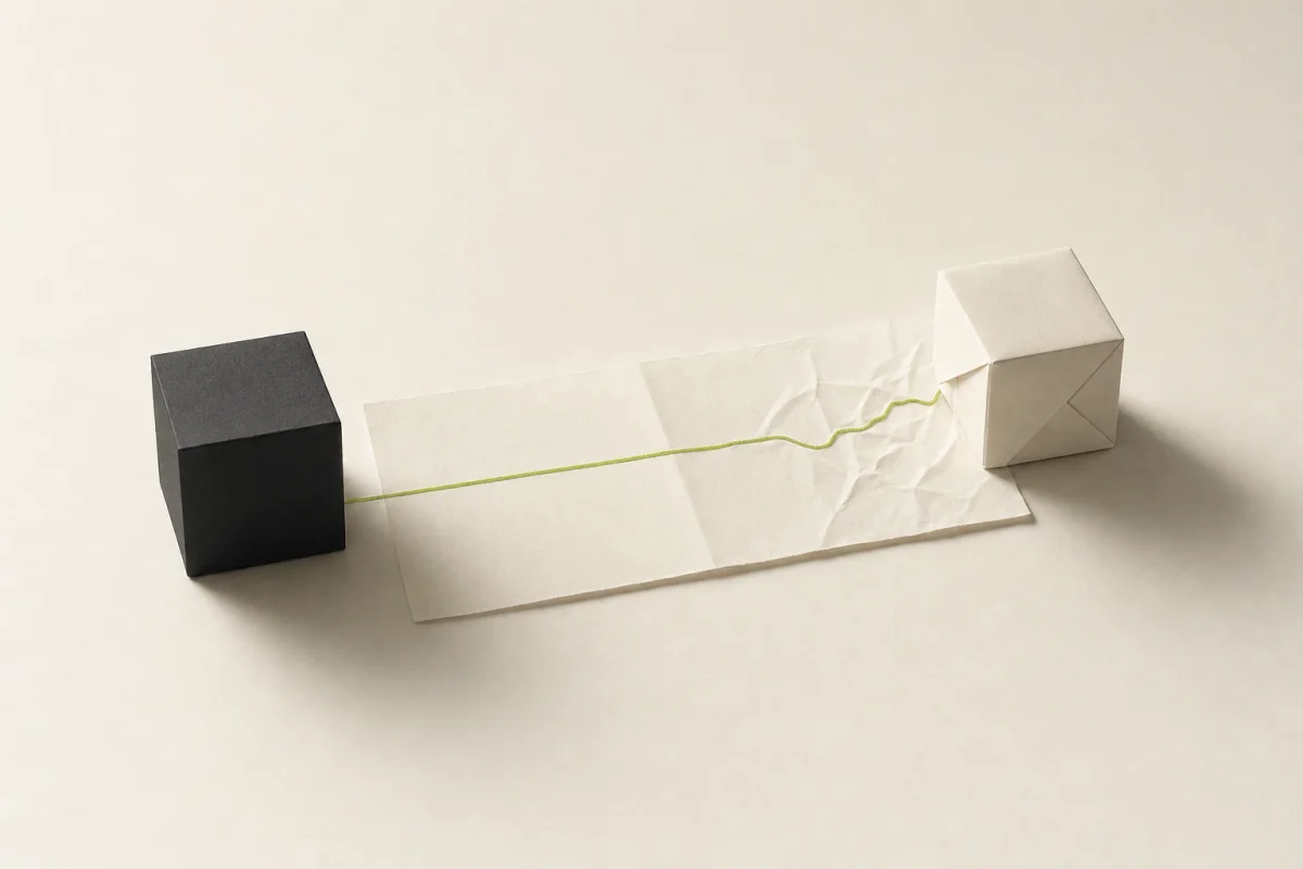 A black cube and a paper cube facing each other on a sheet of paper; between them a crease that starts tangled at the paper cube and arrives at the black cube as one straight lime line.