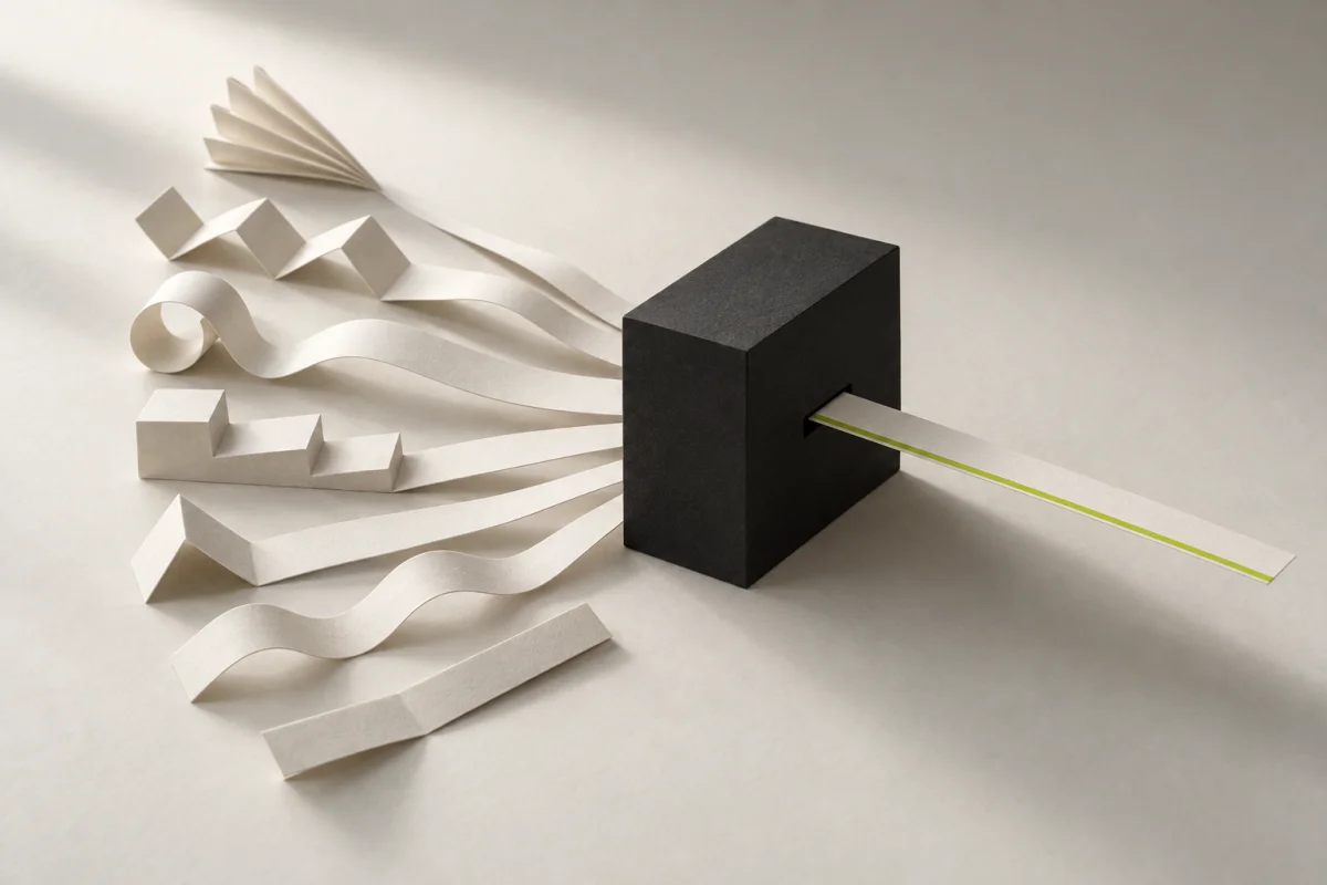Seven differently folded paper strips lean toward a black block with one slot; a single flat strip with a lime edge comes out the other side.