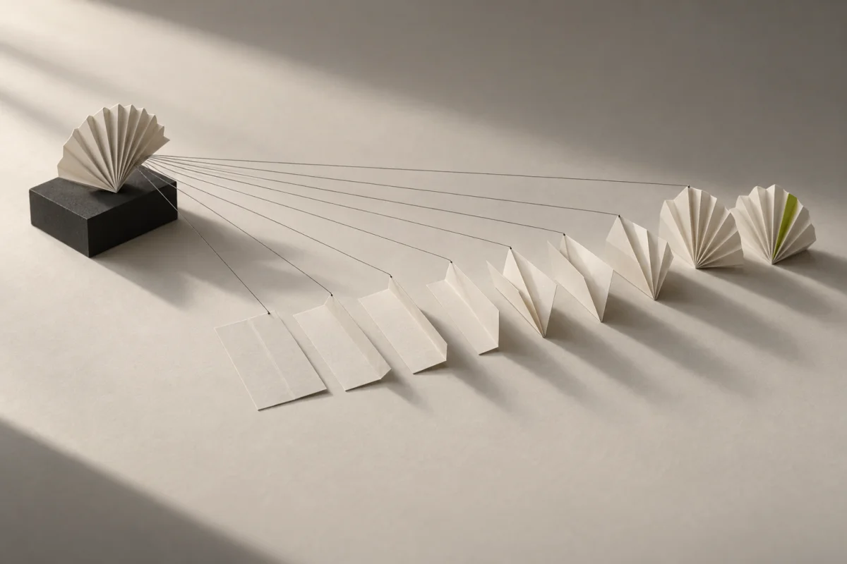 A finished paper fan on a black plinth, threads running from it to ten sheets in rows that go from a first crease to a finished fan with one lime pleat.